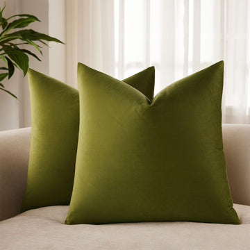 28x28 Euro Velvet Throw Pillow Covers Set of 2, Olive Green