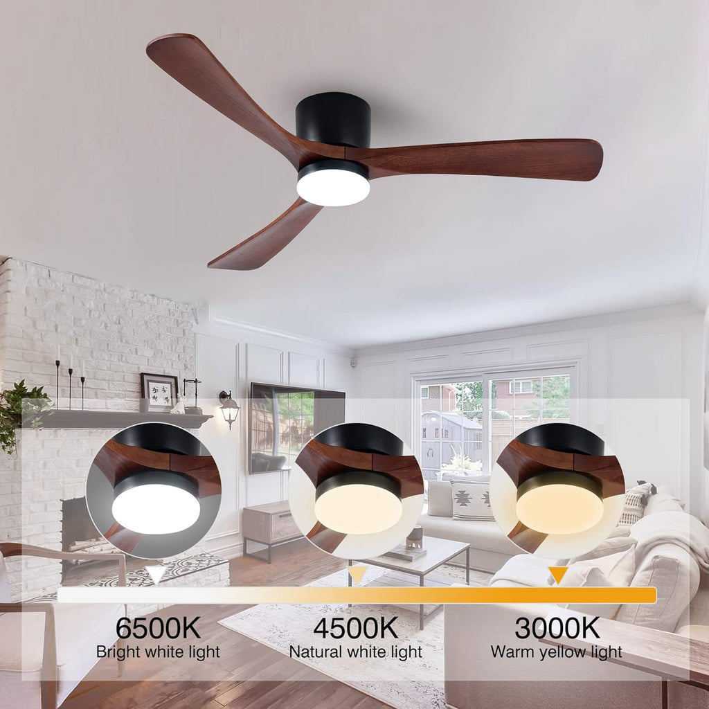 Modern 52 Inch Flush Mount Ceiling Fan with LED Lights and Remote Control - 3 Wood Blades, Reversible DC Motor, 6 Speeds, Timer - Walnut and Matte Black