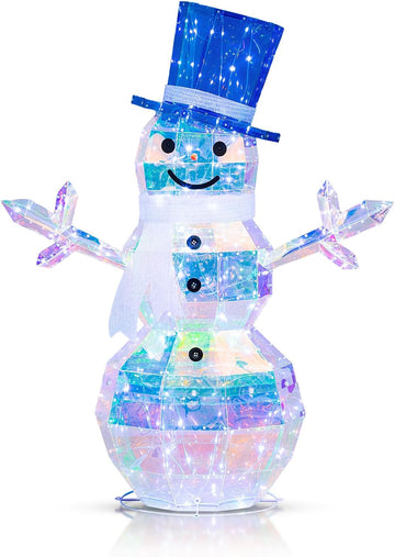 4 FT 2.5D Iridescent Prismatic Lighted Snowman, Outdoor Christmas Snowman Decoration with 100 Cool White LED Lights