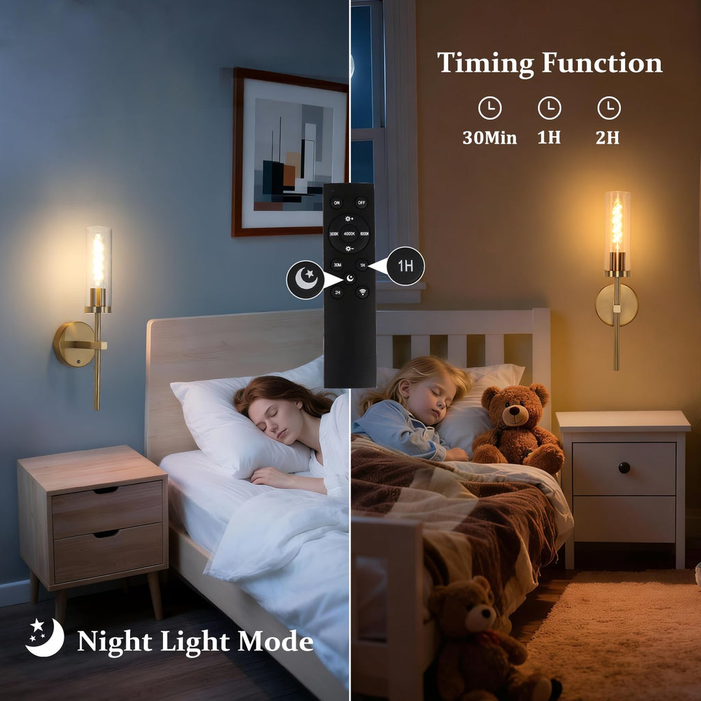 Set of 2 Battery Operated Wall Sconce with 3 Color Temperatures & Remote Control, Gold Rechargeable Dimmable Wall