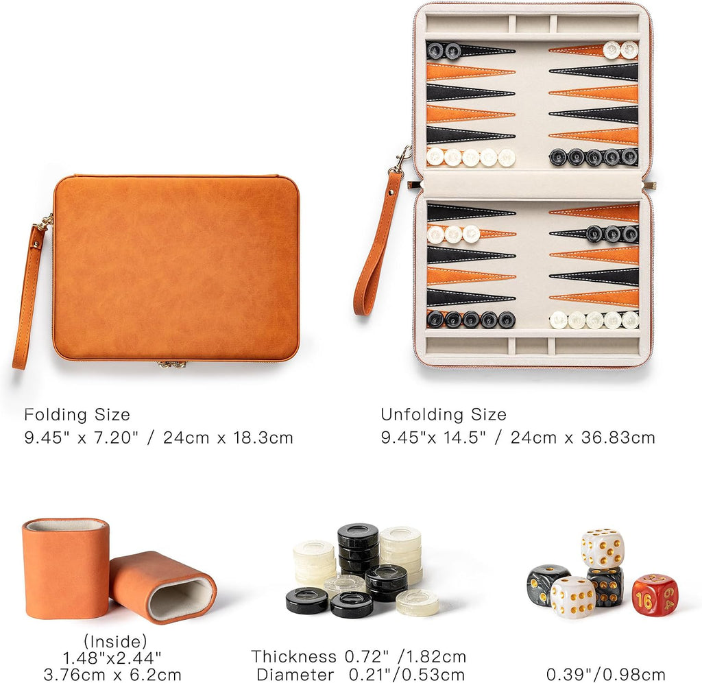 Backgammon Sets for Adults and Kids, Classic Backgammon Board with Unique Checkers Dice, Folding Faux Leather