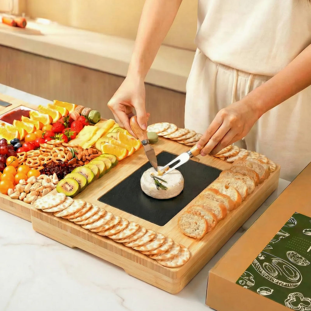 Extra Large Bamboo Charcuterie Board, 3-Layer Pull-Out Cheese Trays