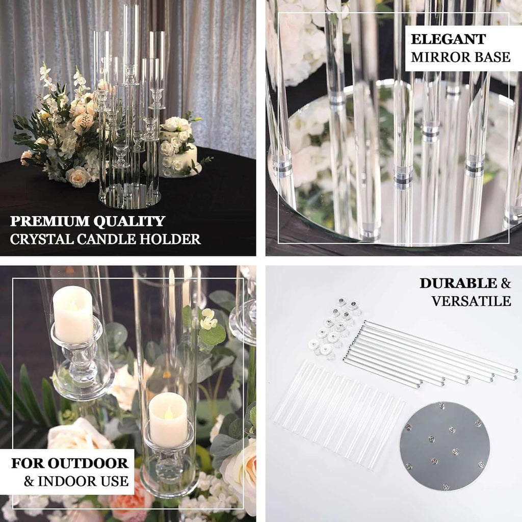 33" Tall - 7 Arms Clear Crystal Cluster Round Candelabra, Pillar Candle Holders with Mirror Base - Perfect