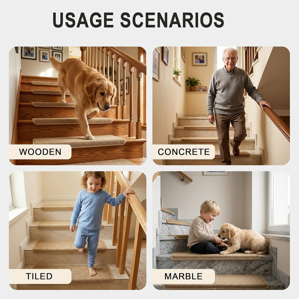 Bullnose Carpet Stair Treads, 29.5"x9.5"x1.5", 14pcs, Camel | Wood stair compatible, washable & reusable