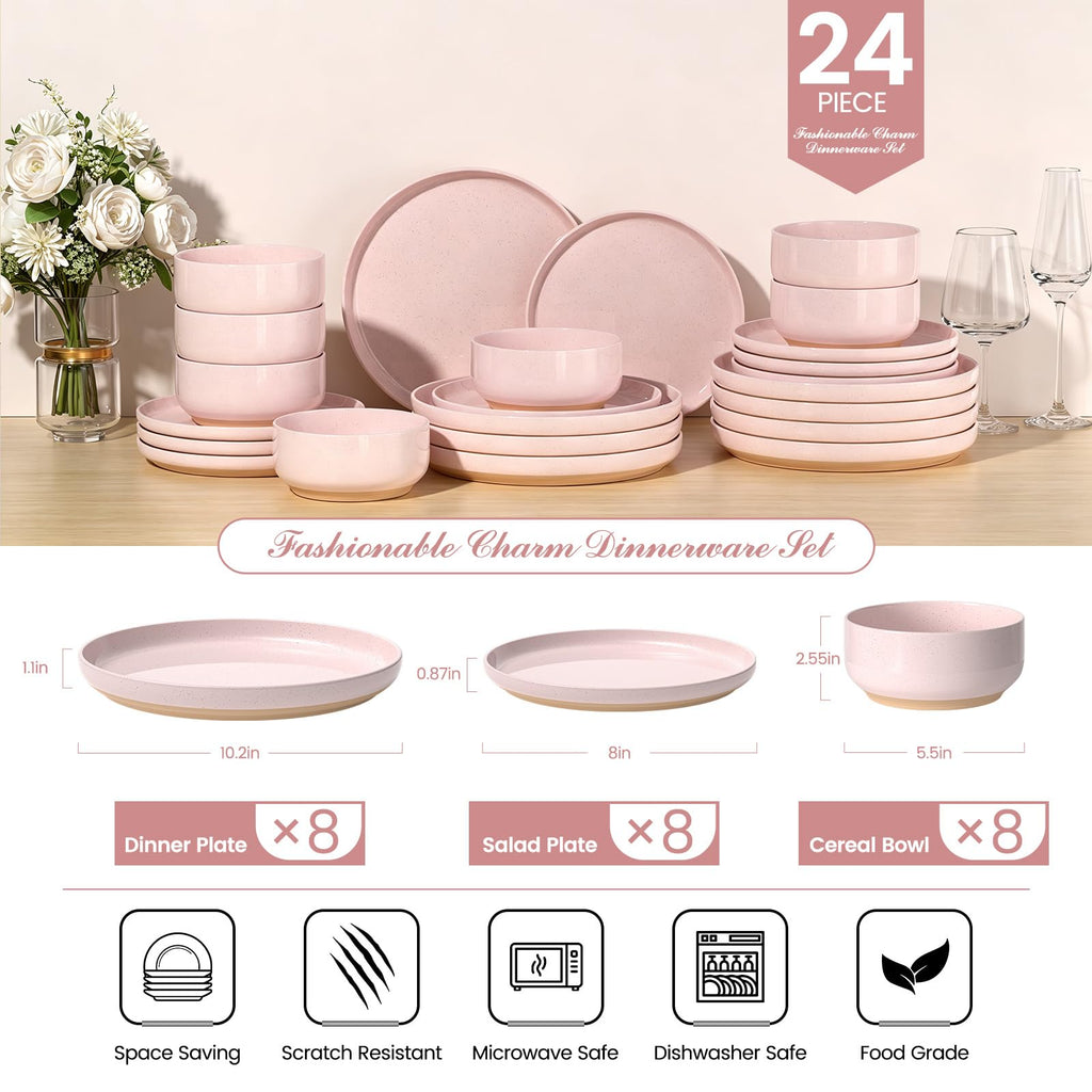24-Piece Stoneware Dinnerware Set for 8, Plates and Bowls Set