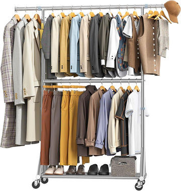 100% Stainless Steel Heavy Duty Clothes Rack Load 860LBS, Adjustable Height Double Rods Clothing Racks for Hanging