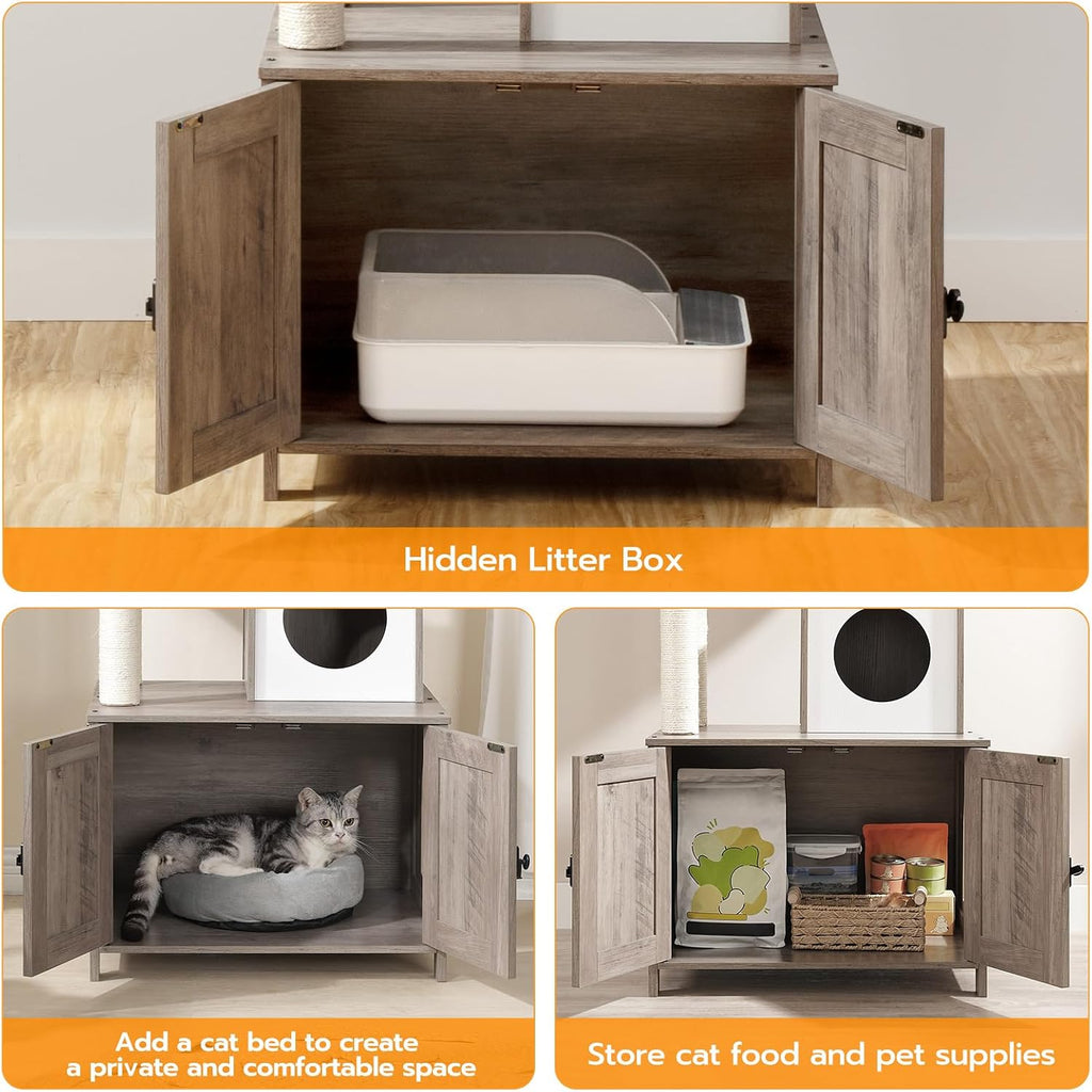 Cat Tree Tower with Litter Box Enclosure Indoor, Wooden Cat Condo with Scratching Posts, Litter Box Furniture Hidden