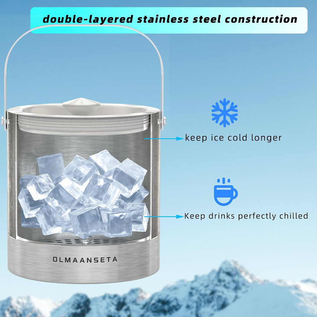 Stainless Steel Ice Bucket For Parties With Lid And Ice Tongs,Insulated Wine Bucket With Strainer Keeps Drinks Cold