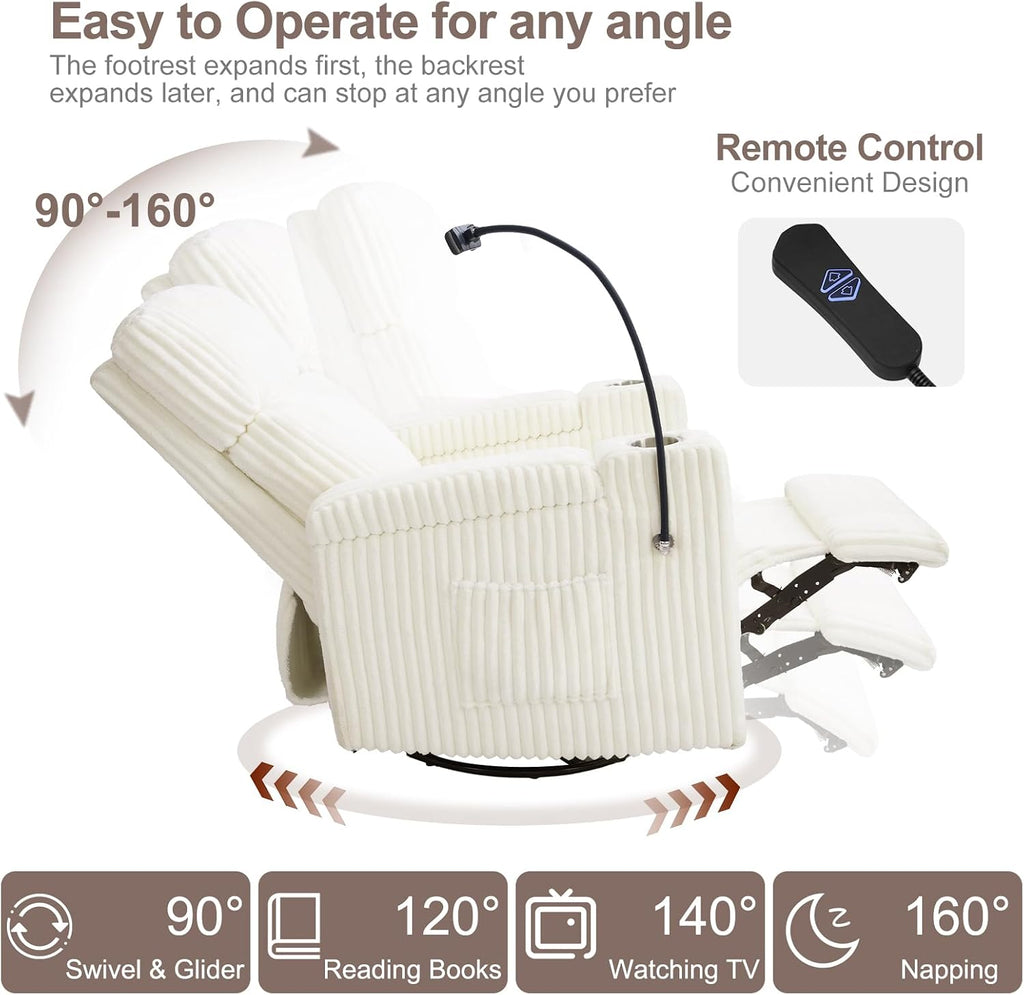 Power Recliner Rocking Chair Nursery, Swivel Glider, White | Premium Corduroy Rocker with USB-A & USB-C Ports, Arm