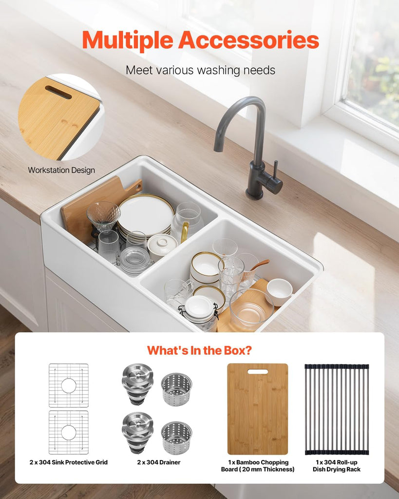 33x20 inch Farmhouse Sink, White Sink Workstation, Fireclay Undermount Basins, Apron Front Double Bowl Basin with