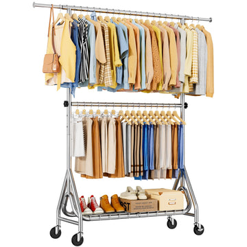 Heavy Duty Clothes Rack for Hanging Clothes, Double Rods Clothing Rack with Lockable Wheels, Rolling Garment Racks