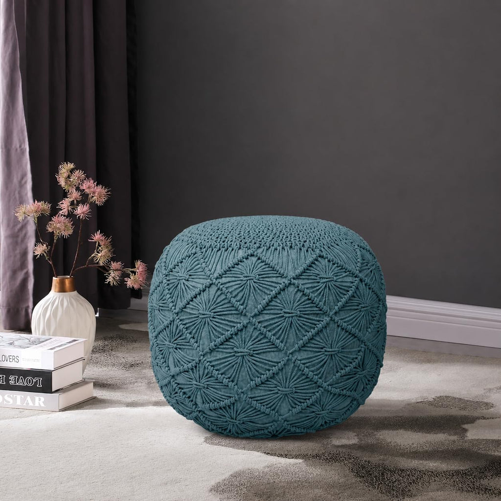 Macrame Pouf Ottoman 20x20x14 Light Blue Handwoven Dori Footrest