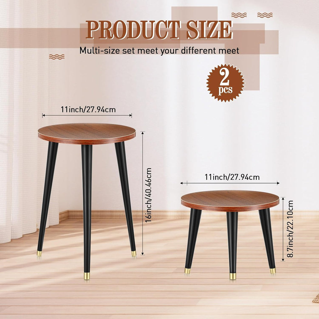 2 Pcs Indoor Plant Stand Mid Century Vintage Wood Modern Flower Pots Holder Round Side Table End Table Plant Stools