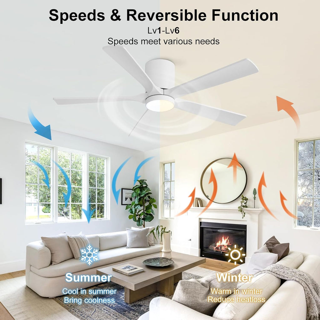 52 Inch Flush Mount Ceiling Fan with Lights, Low Profile Modern Ceiling Fan with Remote, Quiet DC Motor, 6-Speed