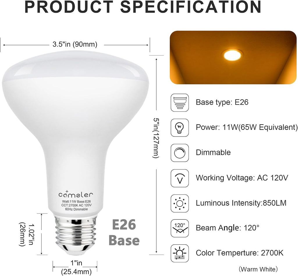 BR30 LED Recessed Can Light Bulb 65W Equivalent 2700K Warm White