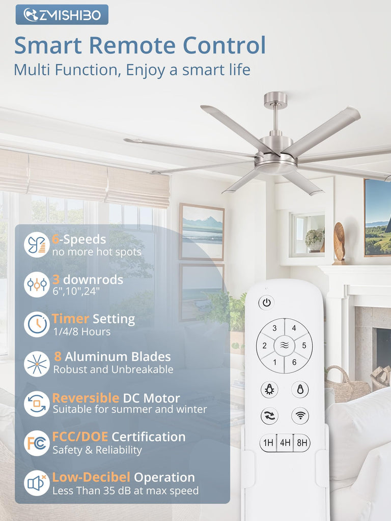 72 Inch Large Ceiling Fan with Remote, Commercial Aluminum Blades