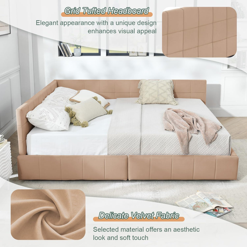 Queen Daybed with Storage Drawers, Modern Corner Tufted Velvet Upholstered Queen Size Sofa Day Bed Frame with Wooden