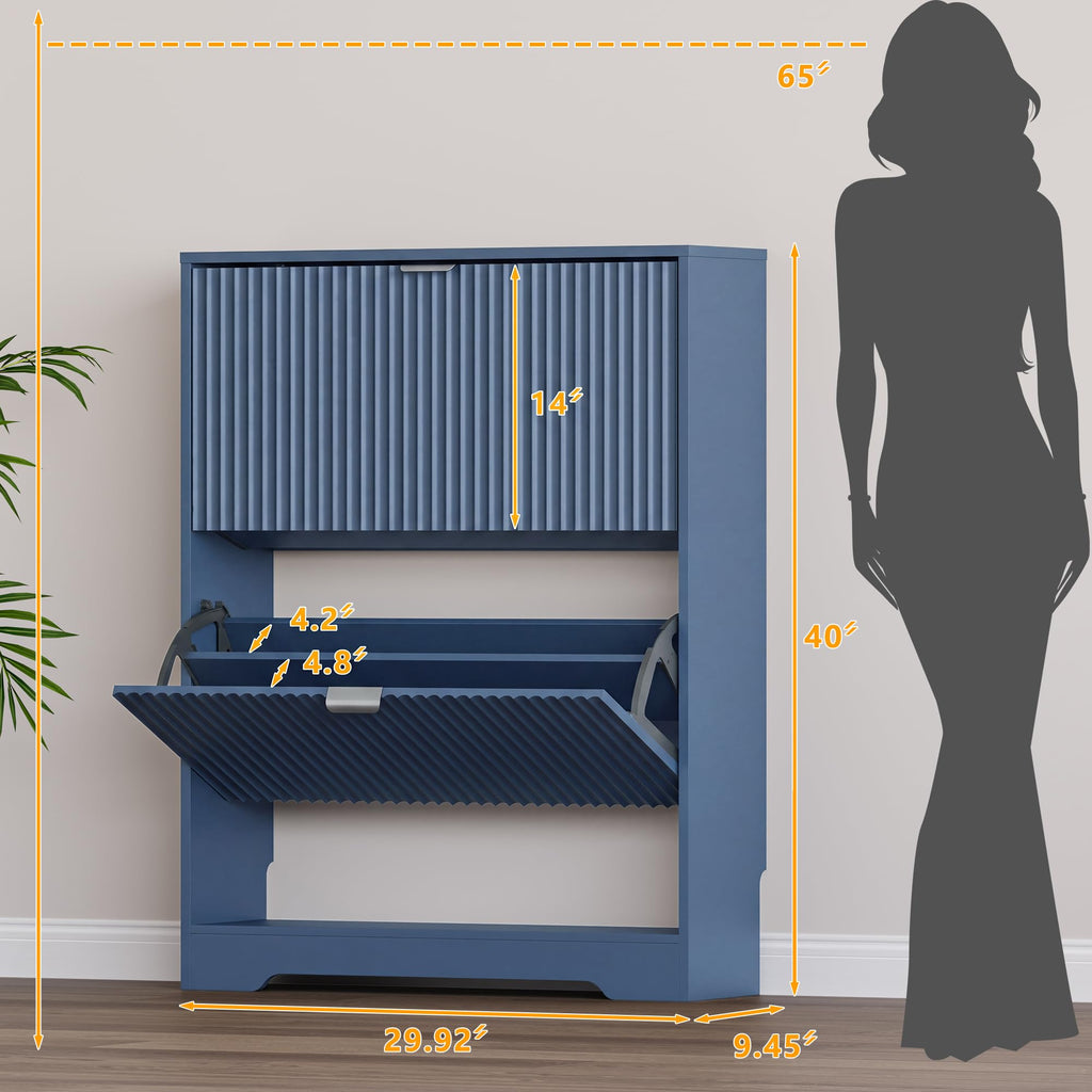 Shoe Cabinet with 2 Flip Drawers, Fluted Shoe Storage Cabinet with Adjustable Shelves, Freestanding Rack and