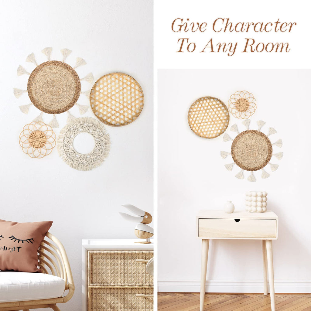 4 Pcs Boho Wall Basket Decor Set, Woven Rattan Wicker Bamboo