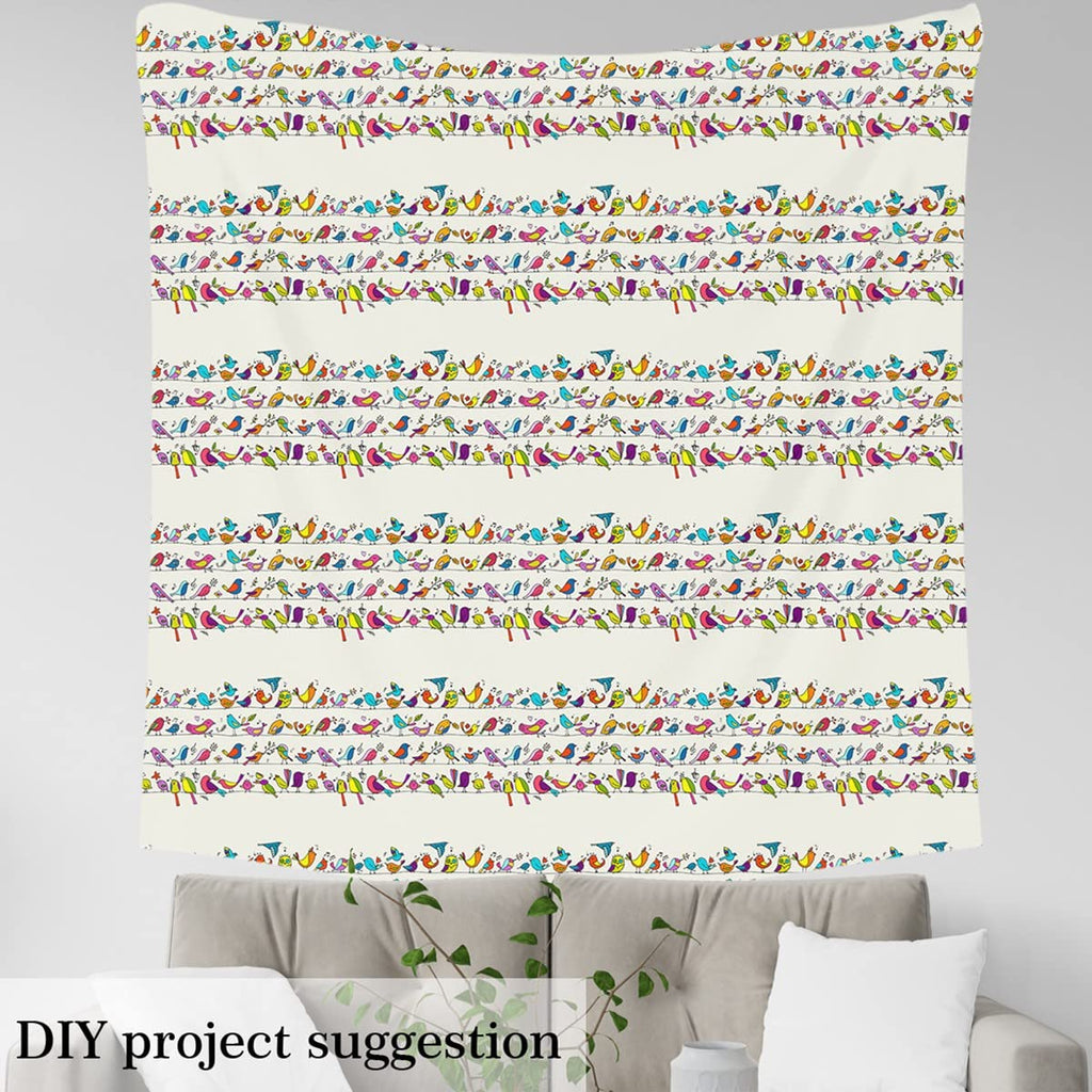 Birds and Geometric Floral Multicolor Fabric, 3 Yards, 36" W x 106.2" L, Polyester/Cotton Blend, Waterproof, Machine