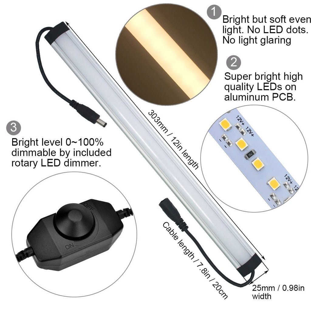 Under Cabinet Light Kit Plug in, 3 LED Light Bars 20W Dimmable