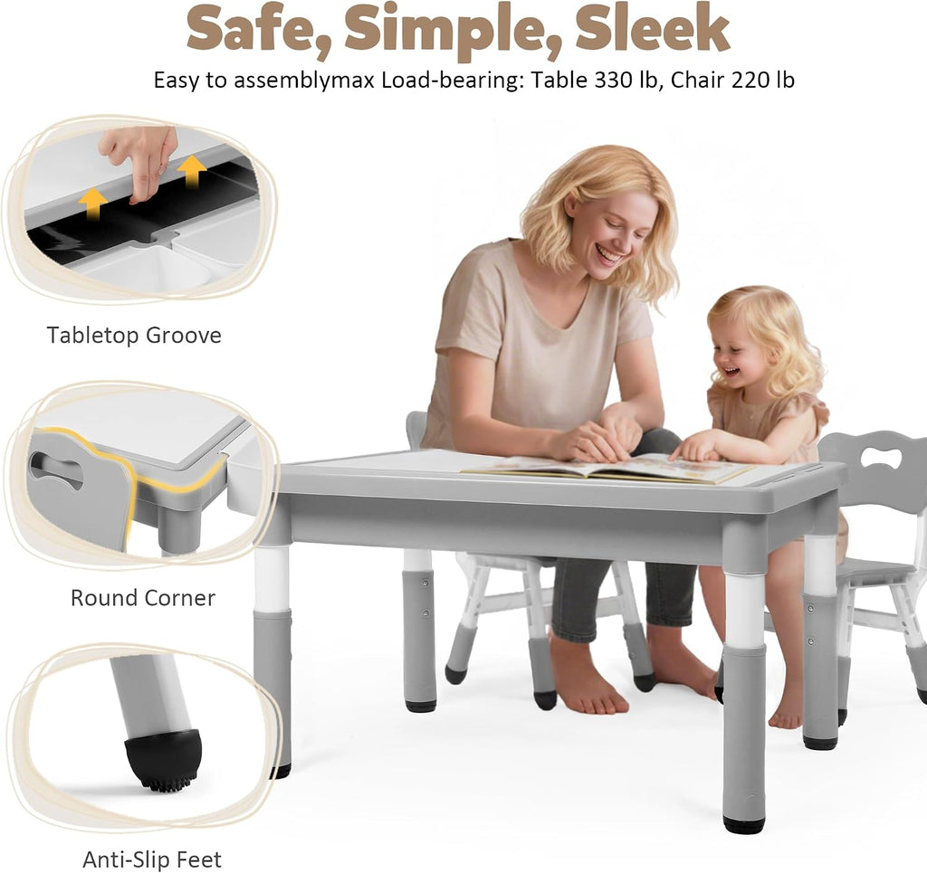 Kids Table and Chairs Set Large Storage, Height Adjustable