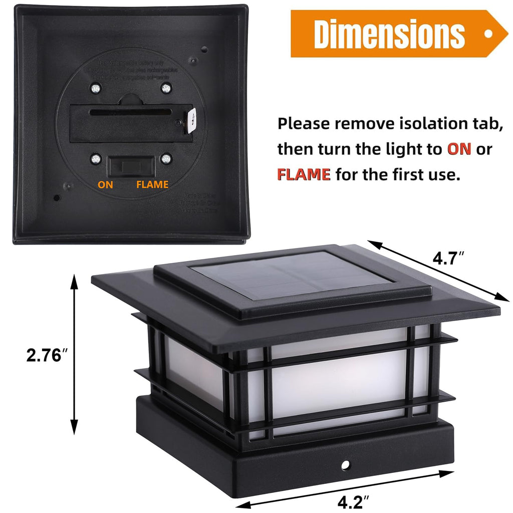 4x4 Solar Post Cap Lights Outdoor with Flickering Flame Light, 8 Pack Black Shell Fence Post Solar Lights Fit 4x4
