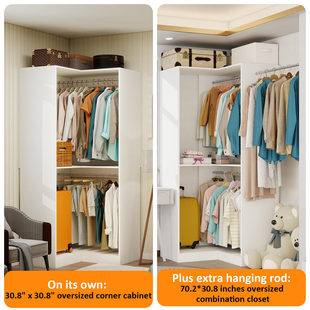 Corner Closet System with 3 Hanging Rods, 30.8"-70.2" L Shaped Freestanding Closet Organizer for Walkin Closet