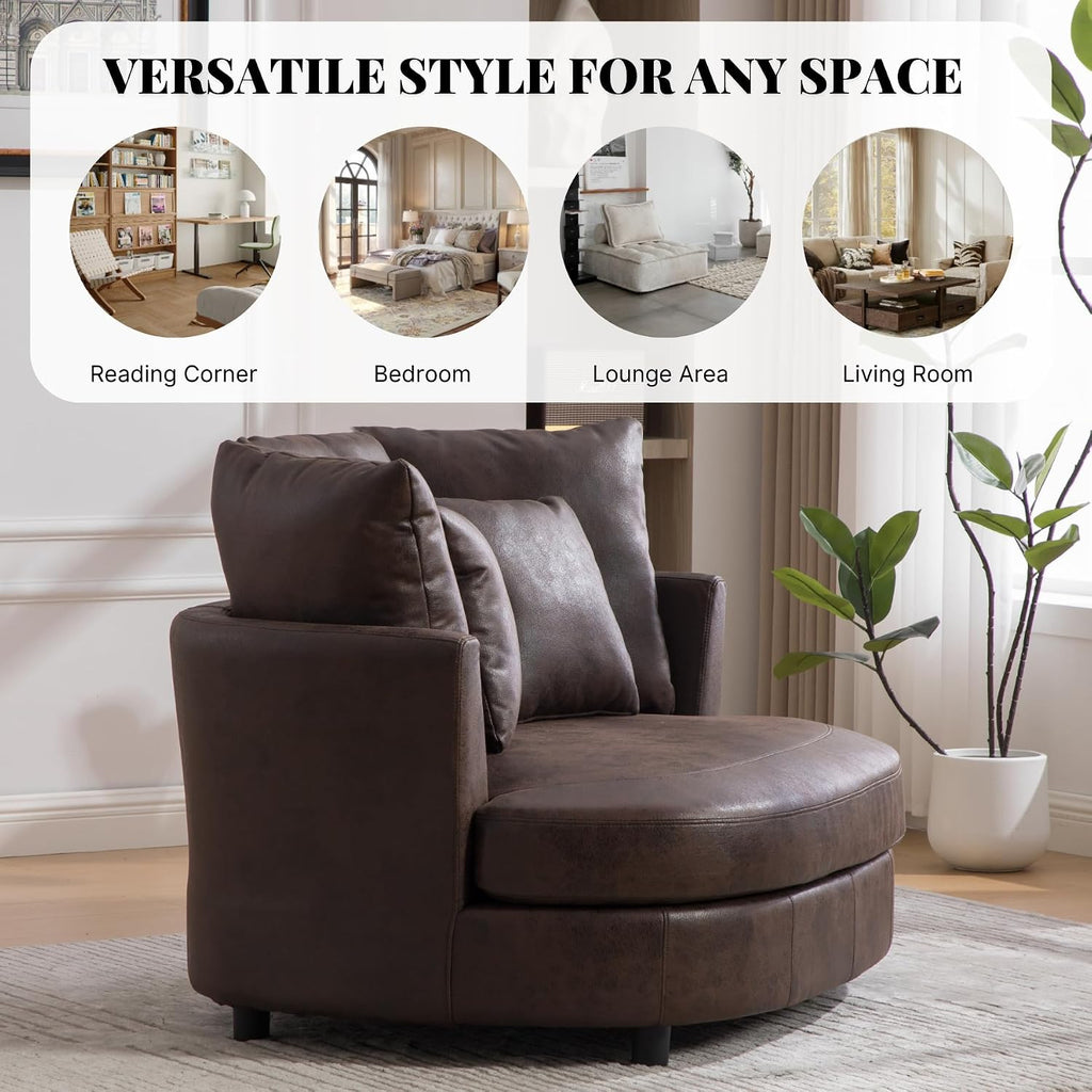 54.9''W Oversized Accent Barrel Chair, Upholstered Faux Leather Comfy Couch Sofa with 5 Pillows, Studio, Brown.