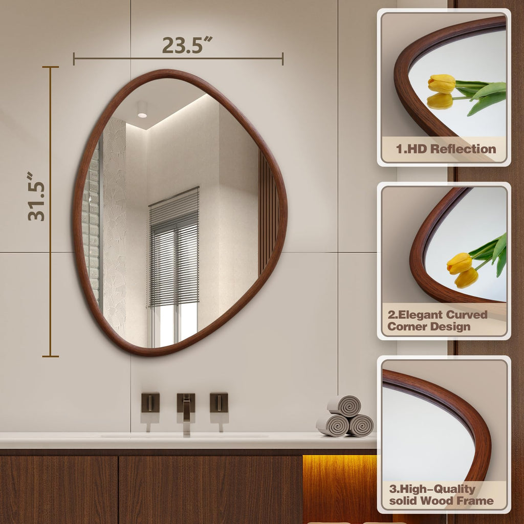 31.5"x23.5" Irregular Wall Mirror, Walnut Wood Bathroom Mirror
