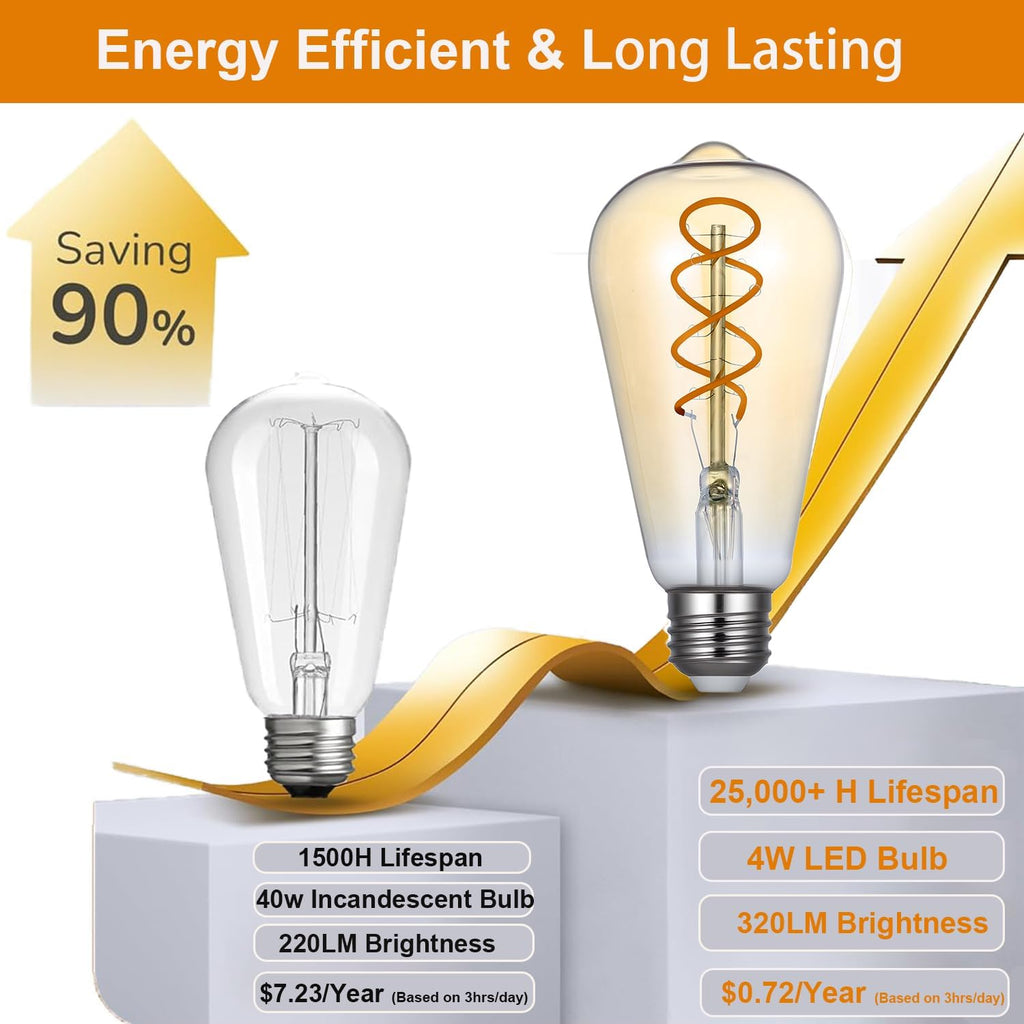 ST64 Vintage Edison Filament Led Bulb Amber, 6 pack Long Lasting Antique Edison Bulb ST64 4w (40watt Equivalent)