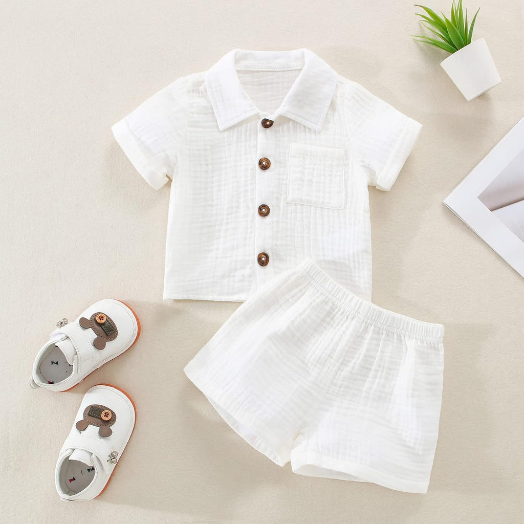 Kids Toddler Boy Summer Clothes Button Down Shirt and Shorts Solid Color Cotton Linen 2 Piece Outfit Set for Boys
