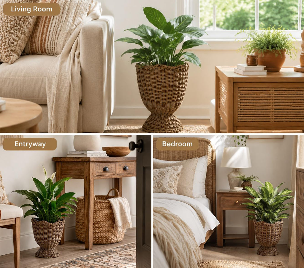 Rattan Planter, Woven Planter Basket for Plants Indoor Outdoor, Decorative Plant Holder Basket for Garden Patio Boho