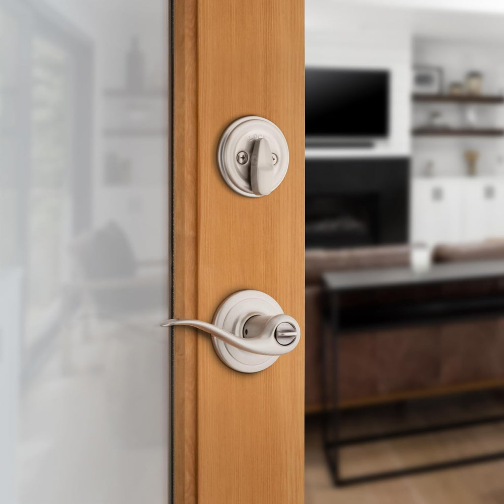 991 Tustin Entry Lever and Single Cylinder Deadbolt Combo Pack featuring SmartKey in Satin Nickel - Door Lever