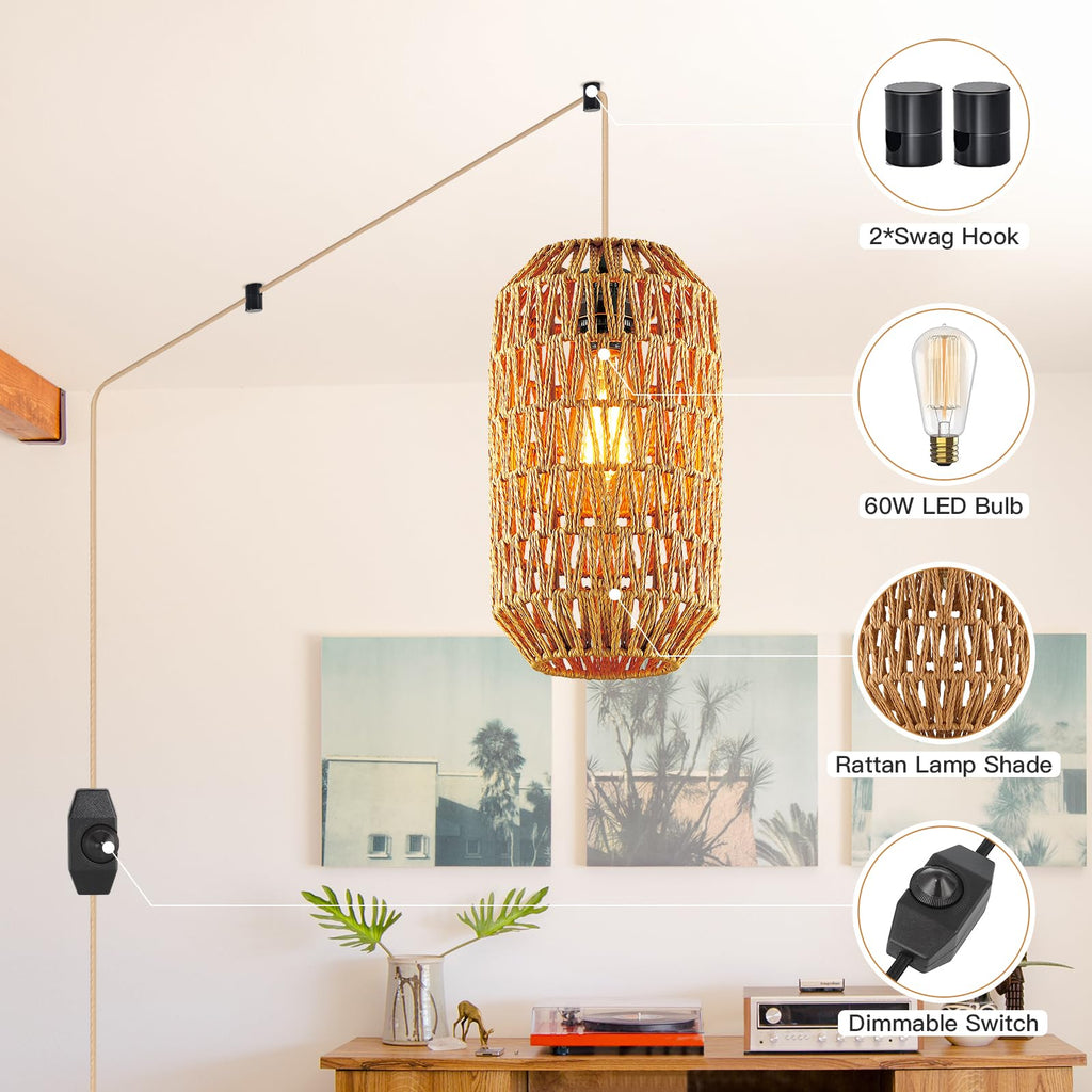 Boho Plug in Pendant Light Rattan Hanging Lights with 15FT Cotton Cord & Stepless Dimming Switch, Woven Wicker Basket