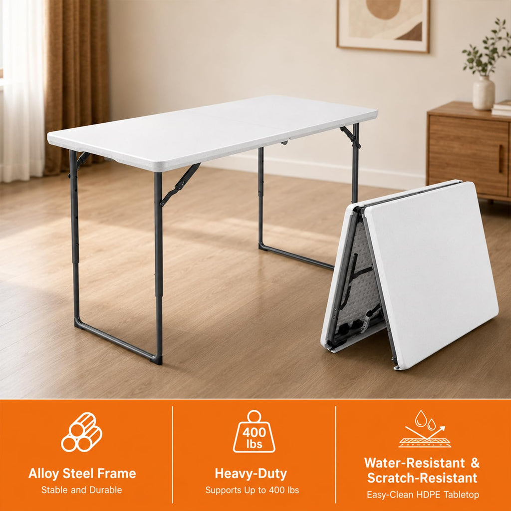 4 Foot Folding Table, Portable Fold-in-Half Utility Table [3 Adjustable Height][4FT Heavy Duty] for Party, Wedding