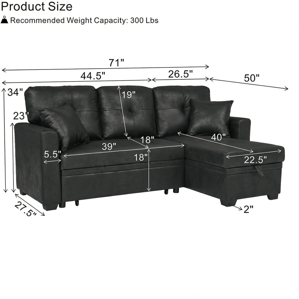 71" Sectional Sleeper Sofa with Pull Out Bed, L Shaped Sleeper Sofa with Reversible Chaise, 3 Seater Modular
