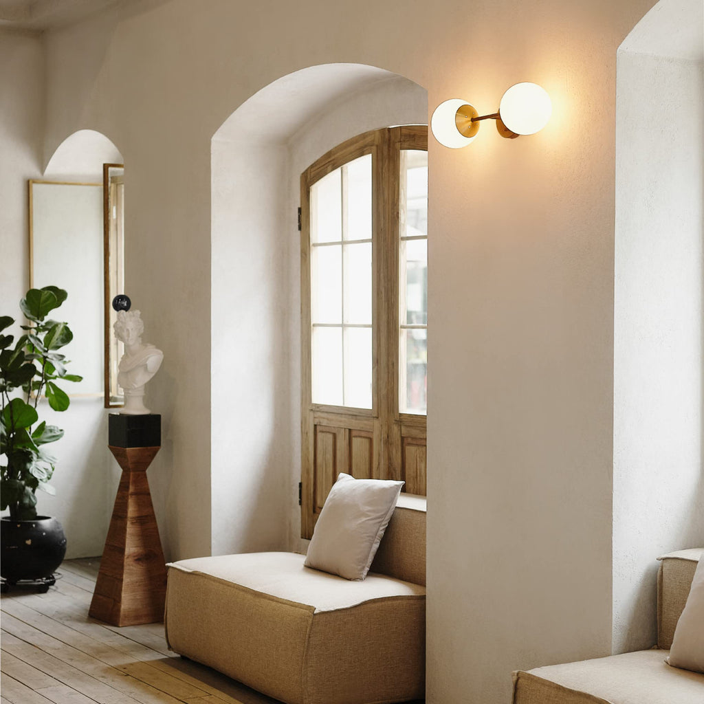 2-Light Wall Sconce, Matte Black, Antique Brass Accent Socket, Matte Opal Glass Shades, Modern Light, Dimmer Switch