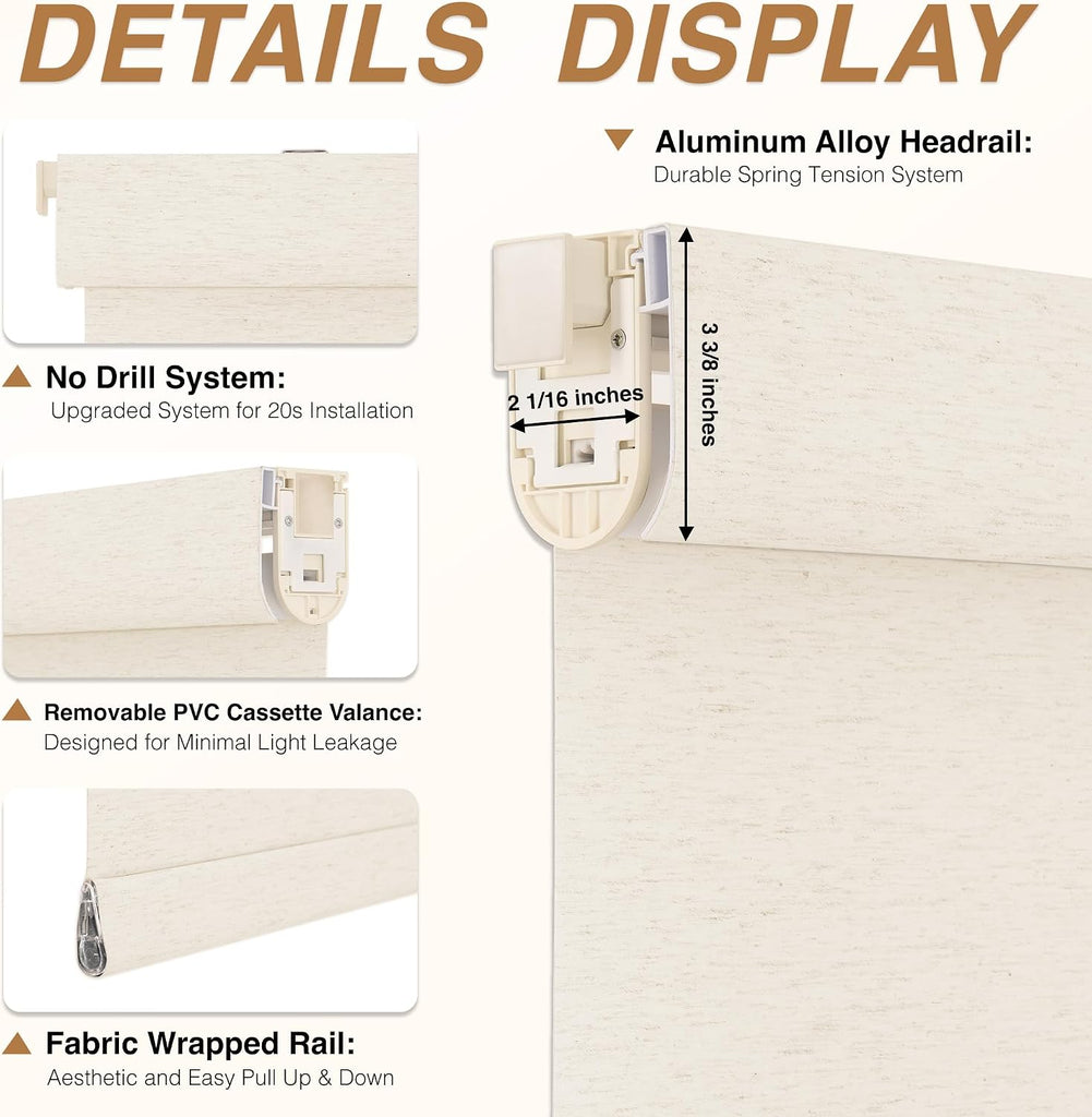 No Drill Cordless Blackout Roller Shades, Linen, | Thermal Insulation, UV Privacy Protection, Easy Install Fabric