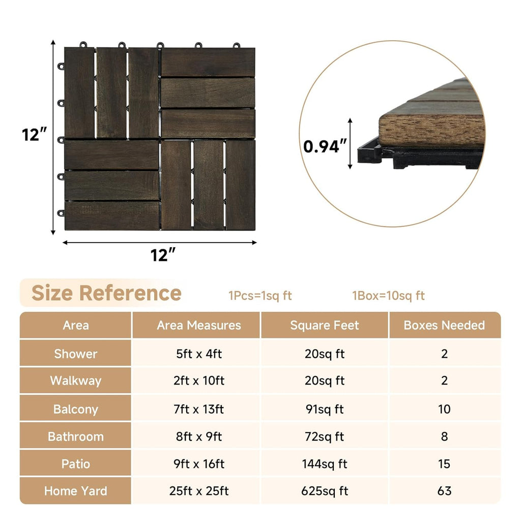 10PCS Deck Tiles, Acacia Wood Interlocking Deck Tiles, Waterproof Decking Tiles for Outdoor Patio Flooring, 12" x 12"
