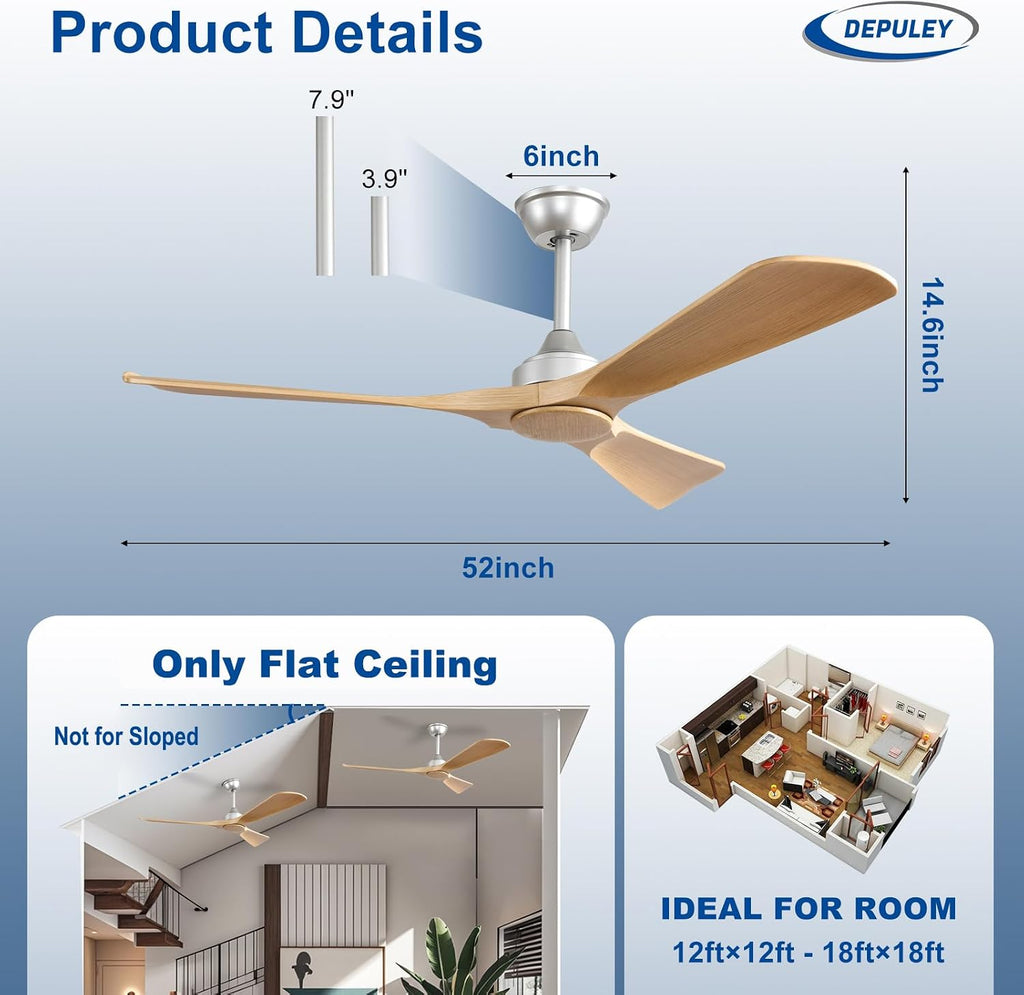52 Inch 3 Blade Indoor Outdoor Fans for Patios - Wood Ceiling Fan No Light Remote APP Control Ultra Quiet DC Motor Reversible 6 Speed Timer A101-B0C4H65VXP