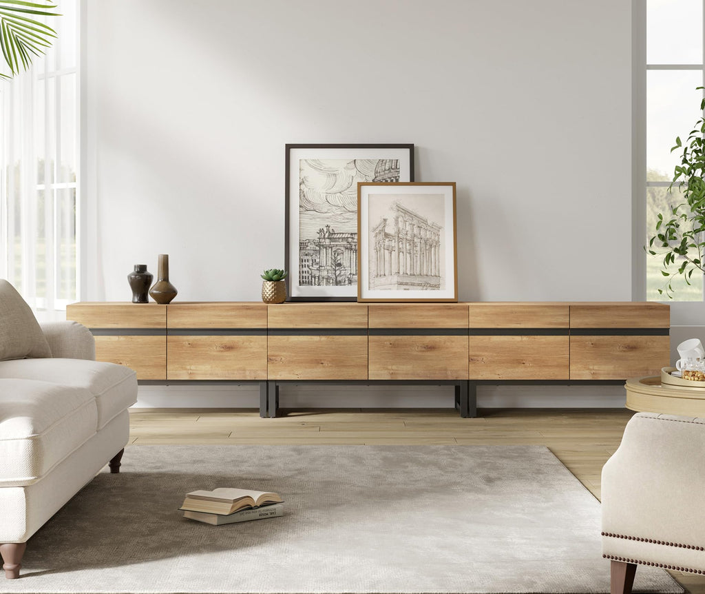 Modern TV Stand for 32-110 Inch TVs, Wood Entertainment Center with Metal Base Storage Cabinets, Media TV Console