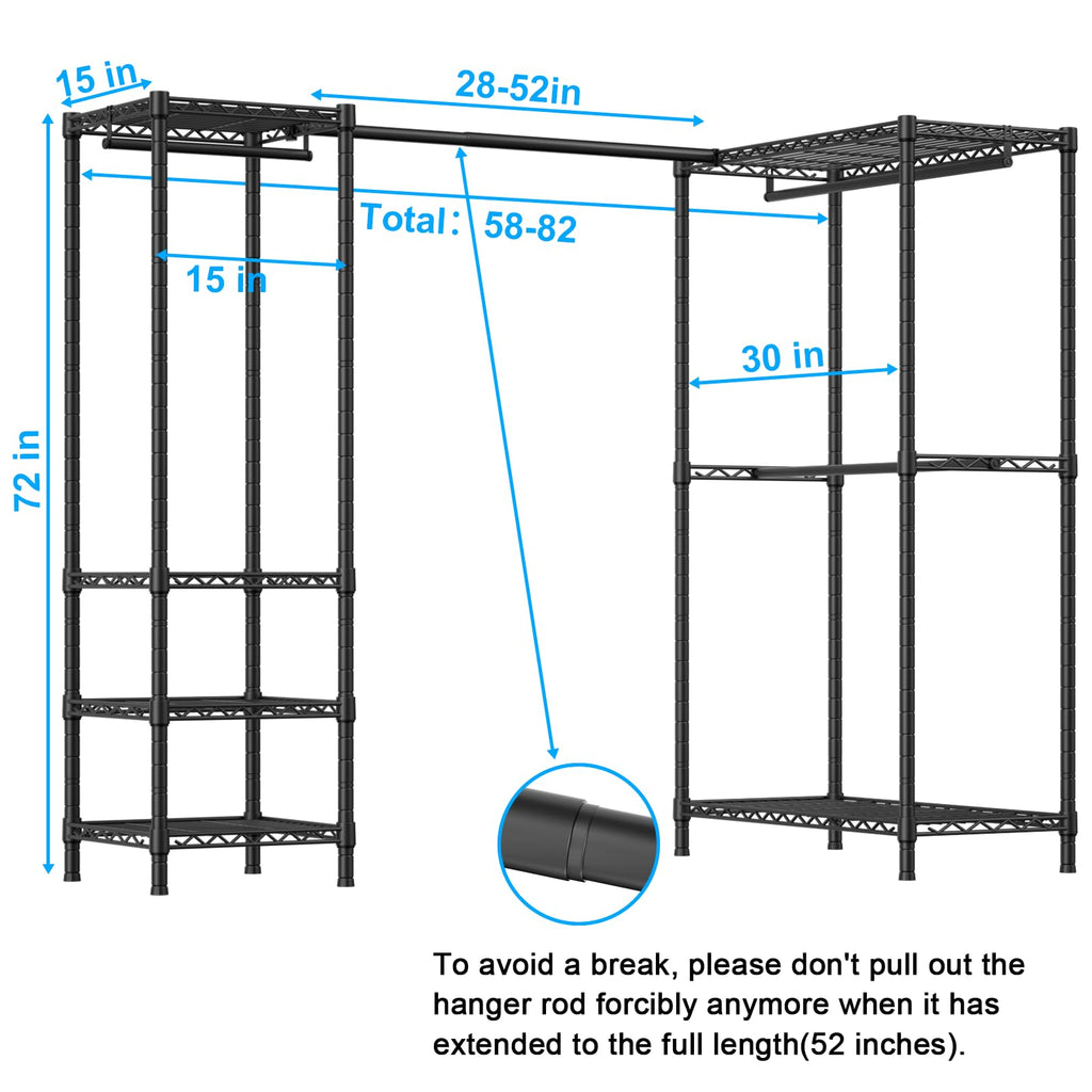 E10L L-Shaped Clothes Rack for Corner(With Expandable Hanger Rod)Heavy Duty Freestanding Clothing Racks for Hanging