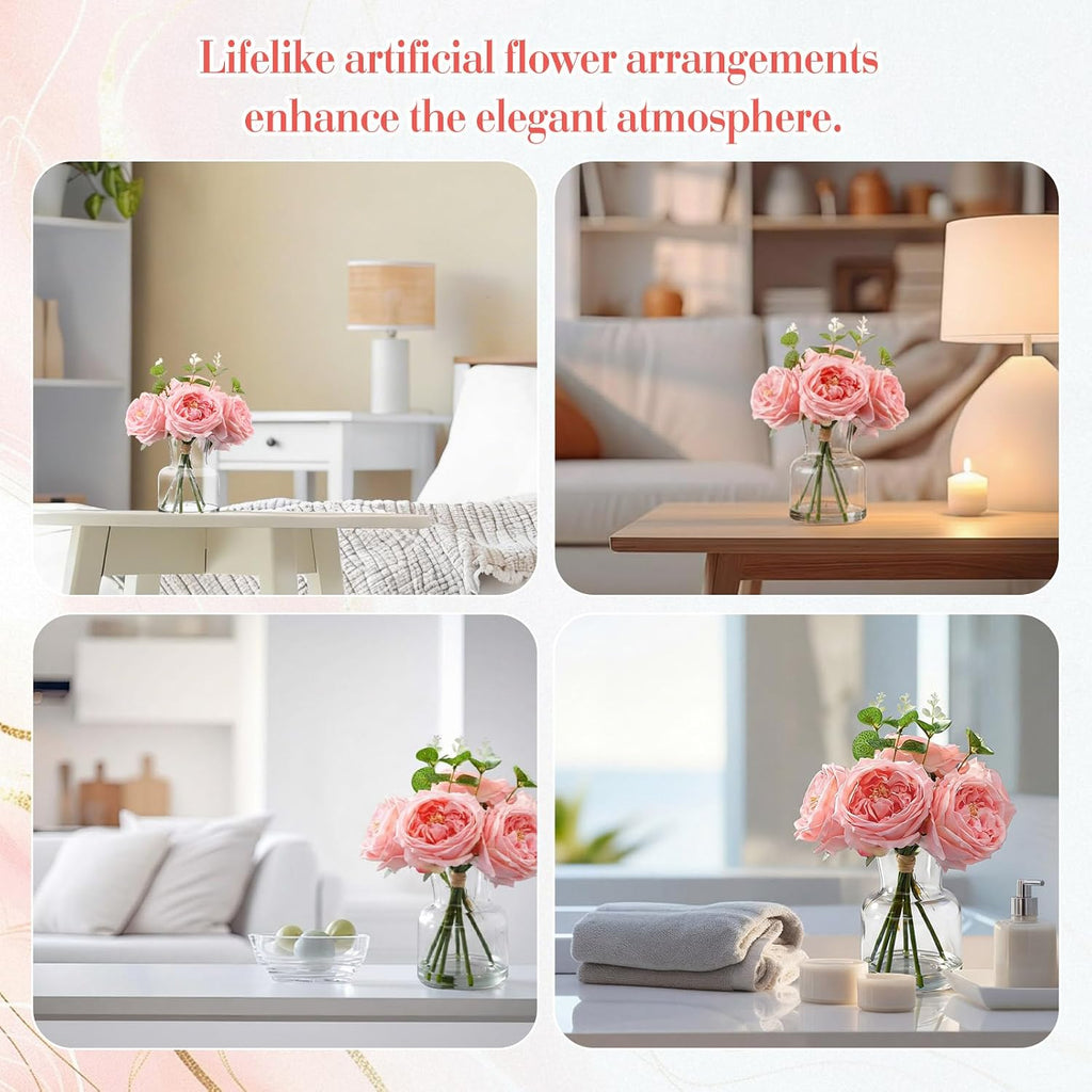 Real to Touch Penoies Artificial Flowers, Faux Austin Rose in Vase with Big Bloom and Fake Water Real Latex - Set of 6