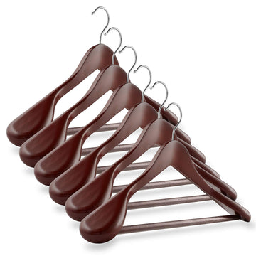 6 Cherry Wide Shoulder Wooden Suit Hangers - Premium Lotus Wood, Non-Slip Pant Bar & Chrome Swivel Hook for Dress