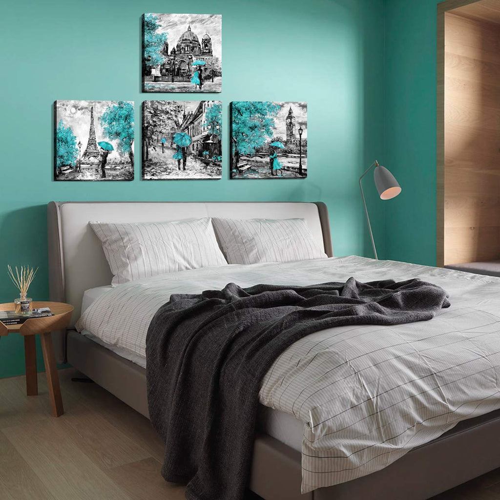 Paris Eiffel Tower Wall Decor Teal Cityscape Wall Black and White Umbrella Couple London Big Ben Prints Painting