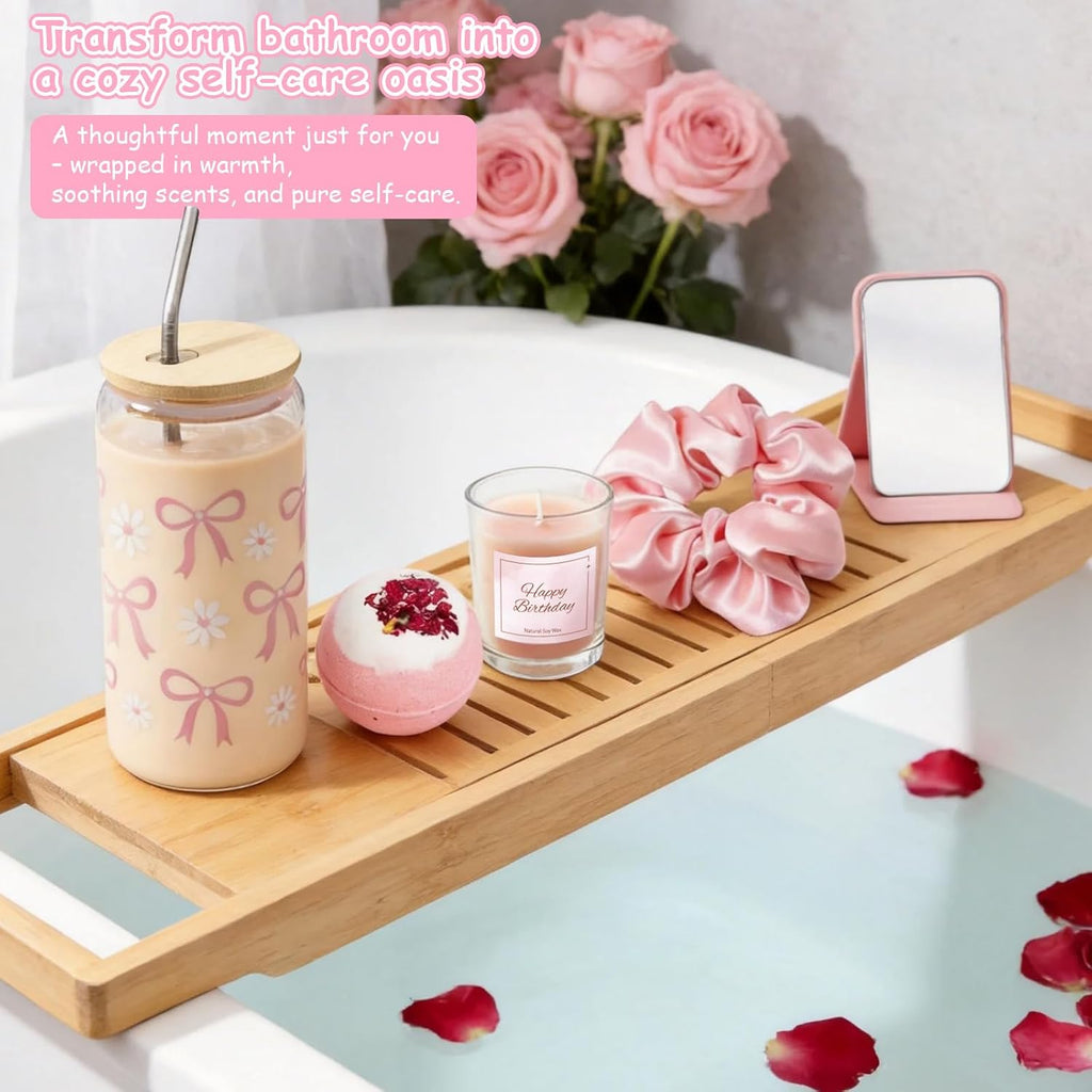 Happy Birthday Gift Box for Women - Relaxing Spa Basket for Best Friend, Mom, Coworker - Unique Gift Set with Pink - Set of 10