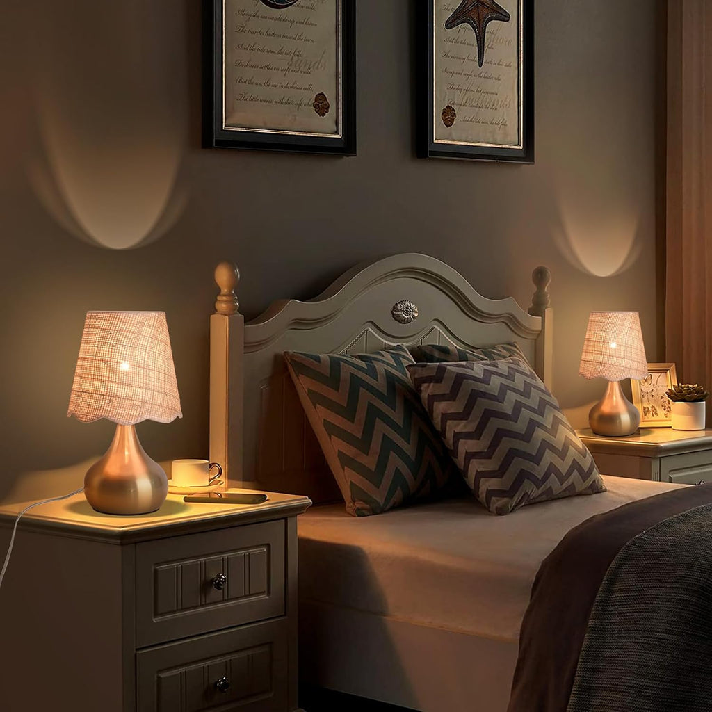 Gold Small Bedside Table Lamp, Brass Gold Mini Table Lamps for Nightstand, Rattan Shade Table Lamps for Small Spaces