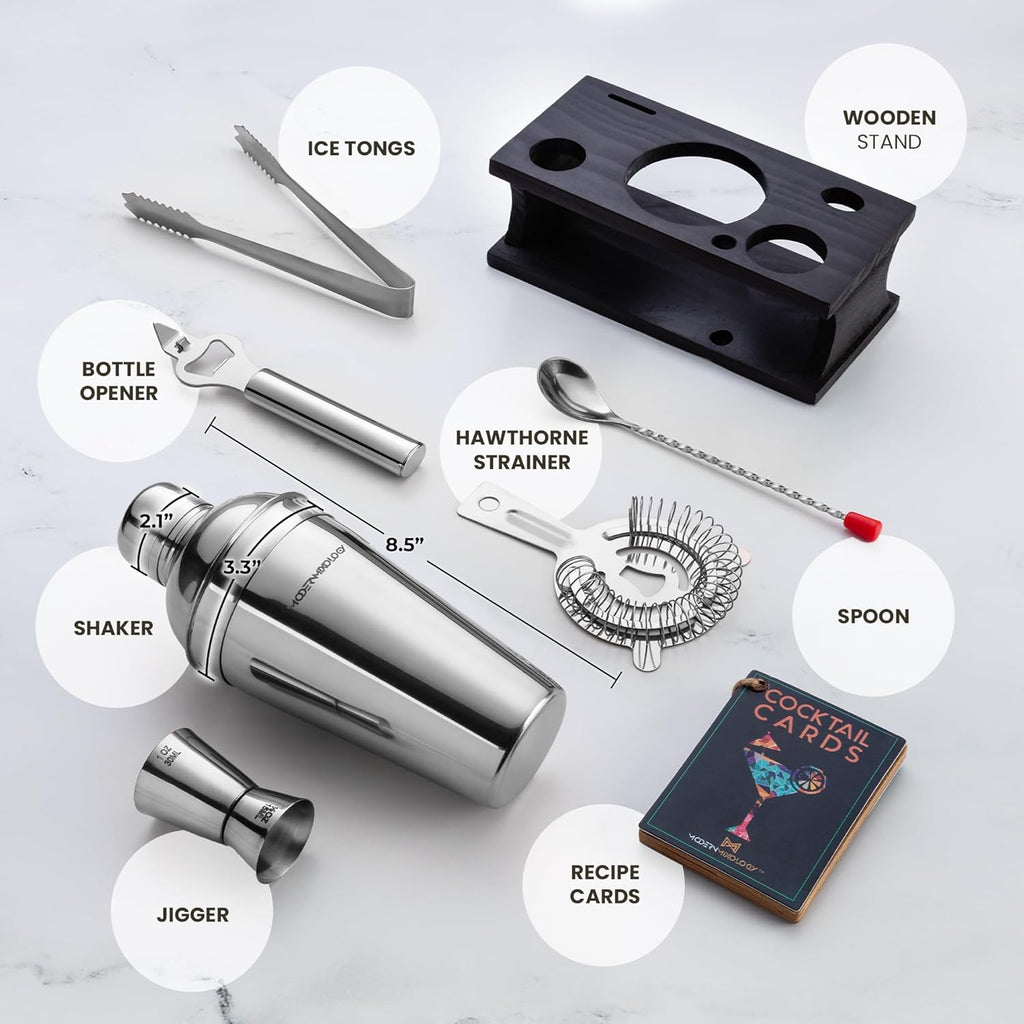 Cocktail Shaker Set - Bartender Kit with Pine Stand | Leak-Proof Design | Includes Martini Shaker, Jigger, Strainer