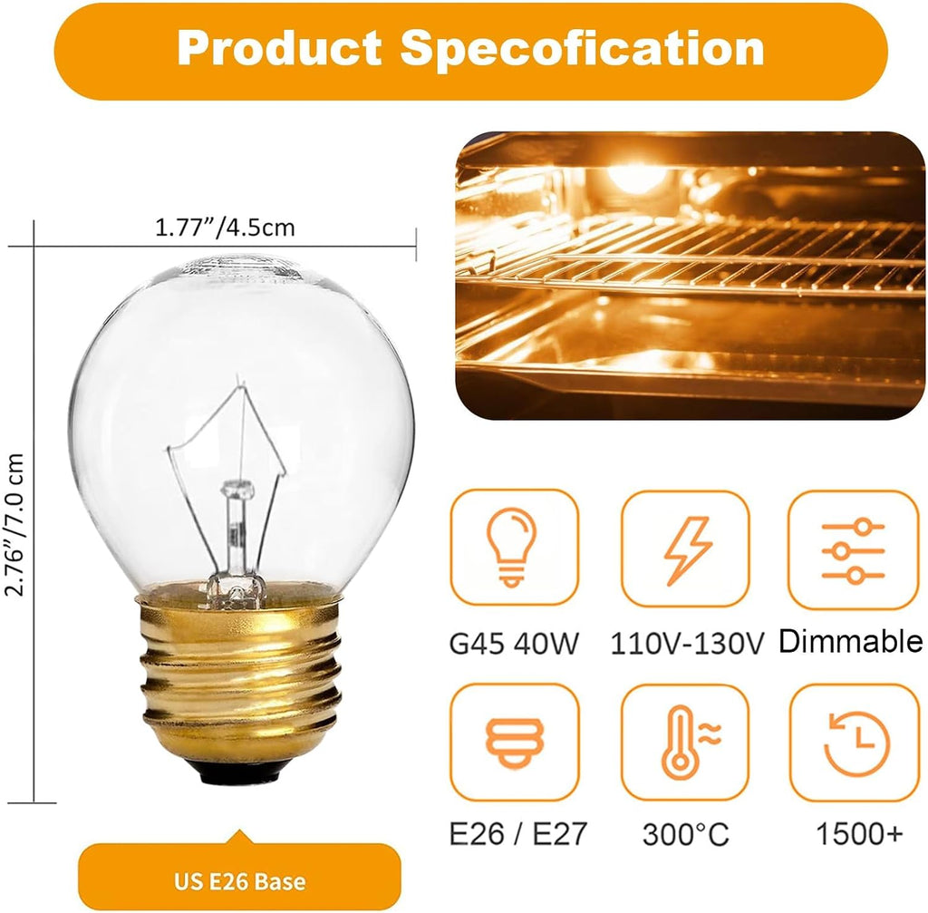 G45 High Temp Oven Light Bulb, 40 Watt 120V 570 °F, E26 Medium Base, 4-Pack